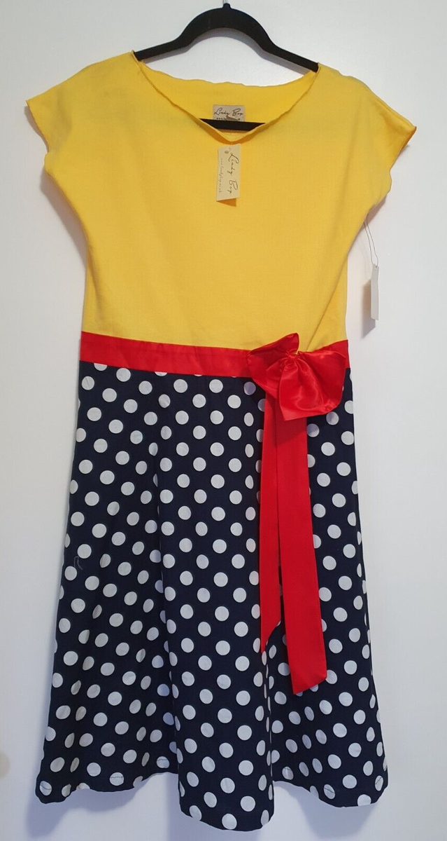 Lindy Bop UK Dress Navy Blue Polka Dot Yellow Red Bow Ribbon Waist New  Retro XL