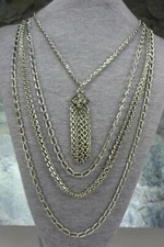 Vintage Multi Strand Silver Tone Necklace w/Fringed Pendant    