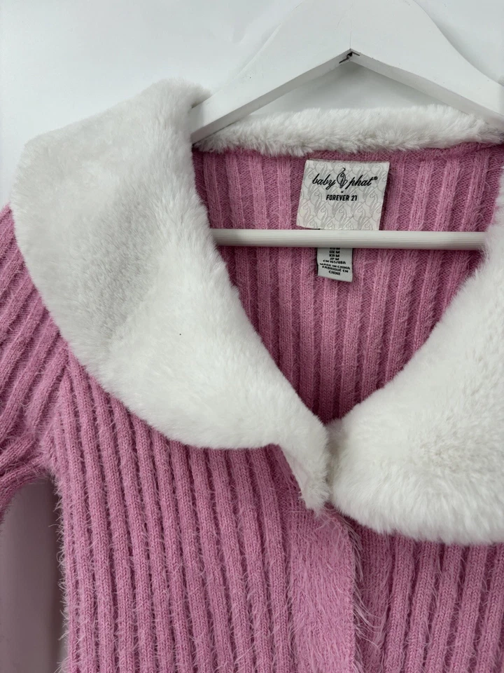 Forever 21 x Baby Phat Cardigan Sweater Womens Medium Pink Y2K Faux Fur Collared - Image 3 of 4