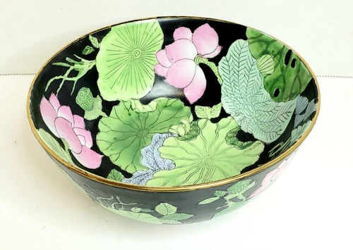 Vintage Chinese Porcelain Hand Painted Bowl 6” Water Lilies on Black