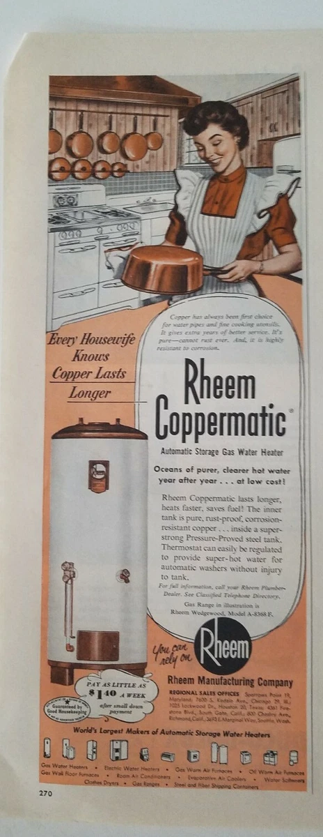 1954 Rheem copper coppermatic water heater pots and pans vintage ad | eBay