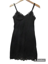 Sz S 32 Vintage 70s Kayser Slip Dress USA Made Black Sleep Wear Lace Lingerie