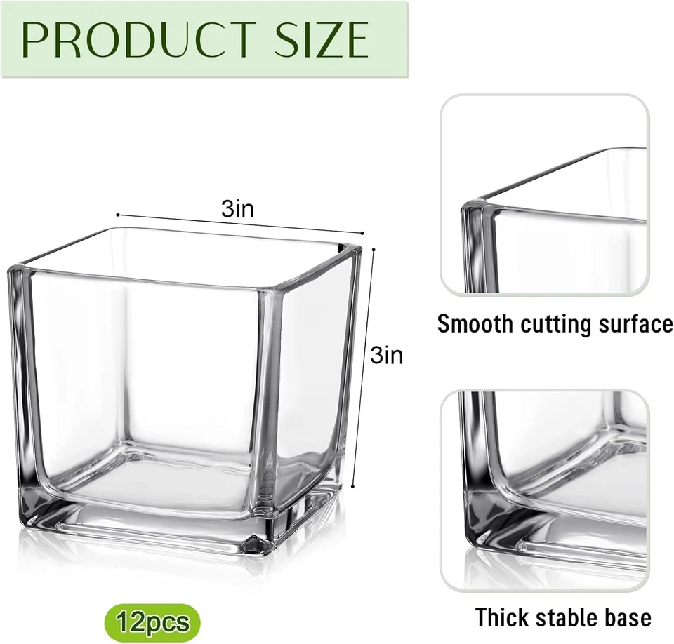 11 jarrones cuadrados de vidrio de 3 x 3 pulgadas y 2 rollos de 2,7 pulgadas x 30 yardas hoja floral Foto 3 de 4