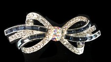 New Silver With Sapphire Crystal Clear Rhinestone Bow 2 1/2 " Hair Barrette