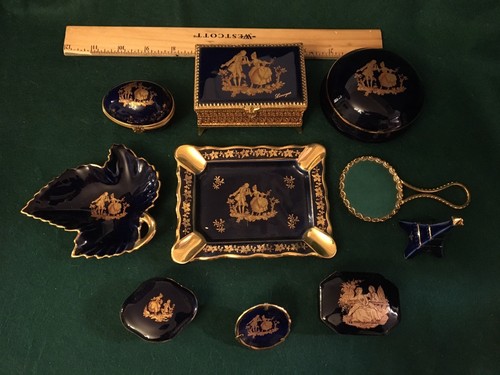 10-pc Cobalt Blue 22k Gold Limoges France Desk Set Brass Pill Box Mirror Ashtray - Picture 3 of 11