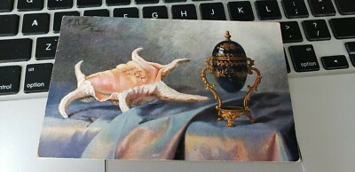 M Billing  Artist Signed Vintage Postcard  Seashell &  Easter Egg On Stand 