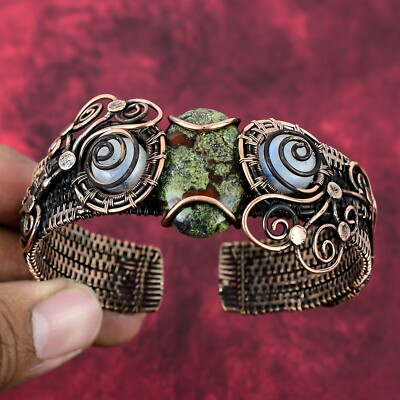 Dragon Bloodstone Cuff Bracelet Moonstone Copper Wire Wrapped Adjustable Jewelry
