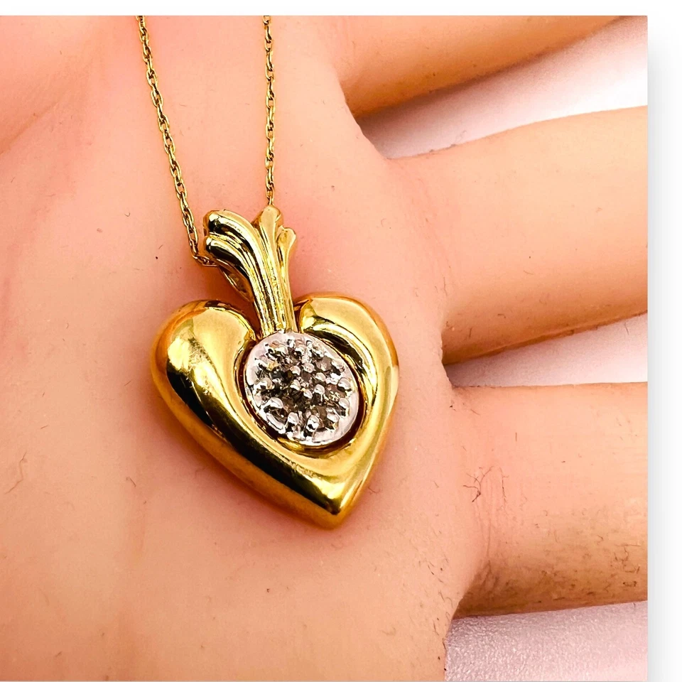 Pingente vintage de ouro amarelo 10k coração soprado de diamante 20 mm com corrente 3g 19" - Imagem 2 de 4
