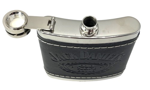 Jack Daniels geprägtes schwarzes Leder umwickelt Edelstahl 5 Oz Flachmann - Bild 3 von 4