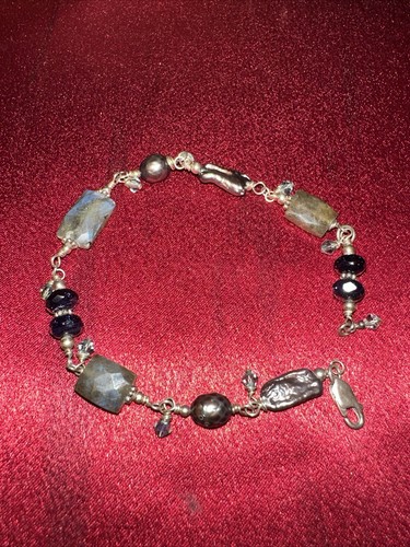 Sterling Silver Labradorite Purple Goldstone & Cultured Pearl Beaded Bracelet 8” - Picture 2 of 8