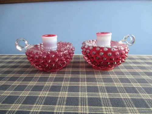 Pair of (2) Fenton Art Glass Cranberry Opalescent Hobnail Candle Holders