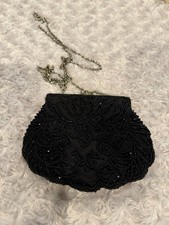 Vintage Black Beaded Clutch With Kiss-Lock Clasp And Gold Tone Chain Strap