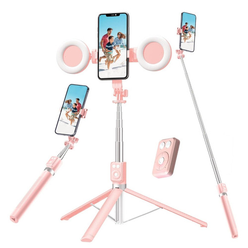 Trípode Selfie Stick ROSA con luz de relleno Bluetooth control remoto - Imagen 1 de 3