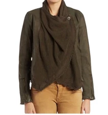 Free People Drape Front Moto Jacket Olive Green Sz 8 Knit Scarf Layer Boho Chic