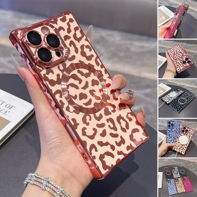 For iPhone 17 16 Pro Max 15 14 13 ﻿Leopard Print Plating Rubber Magnetic Case