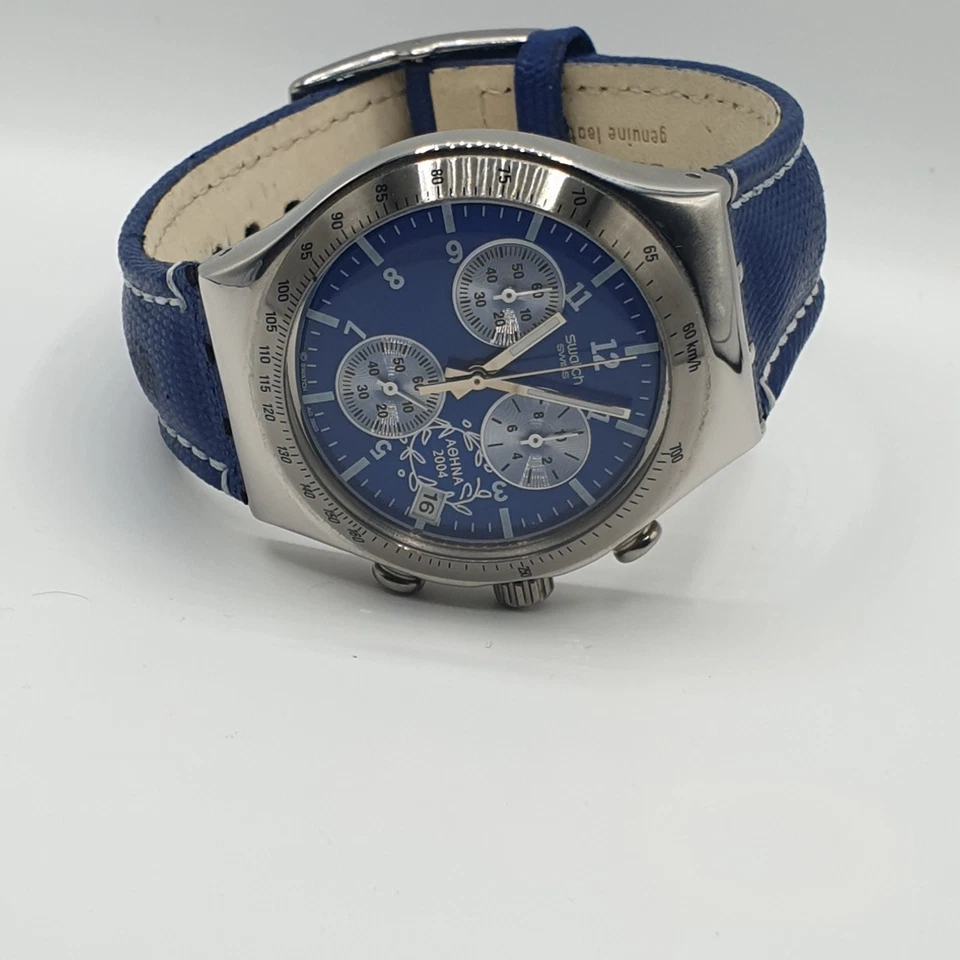 Montre SWATCH Irony Chrono Édition Athènes 2004 Cadran Bleu Acier Boîte Origine - Photo 4/4