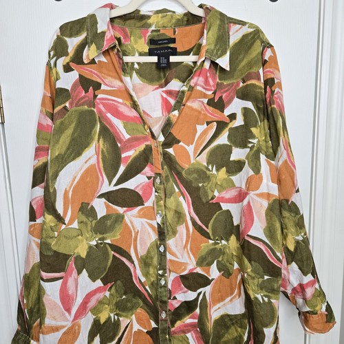 Tahari 100% Linen Long Sleeve Tropical Floral Leaf Pattern Long Sleeve Sz 3X - Picture 3 of 9