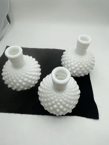 Lot of 3 Fenton Milk Glass Hobnail Vases & Perfume Bottle-Vintage- Mid Century