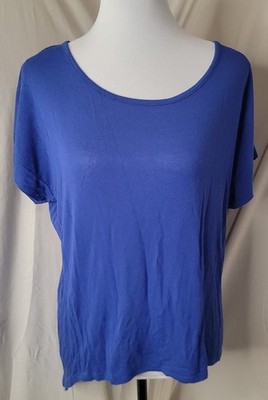 Tea N Rose Blue Sheer Back Top Womens Large Scoop Neck Short Sleeve Flowy Blouse