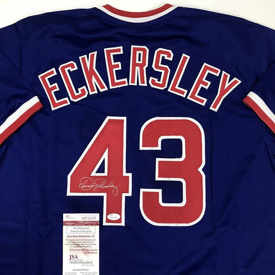 Camiseta de beisebol azul Chicago autografada/assinada DENNIS ECKERSLEY JSA CERTIFICADO DE AUTENTICIDADE autografada - Imagem 2 de 3