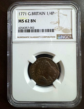 1771 Great Britain 1/4p Farthing Copper Coin KM#590 NGC MS62 Brown (BN)