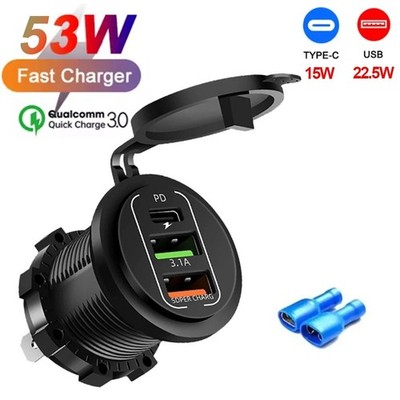 12V QC 3.0 PD USB Auto KFZ Steckdose Dual USB A Ladegerät Buchse Dose KFZ Einbau
