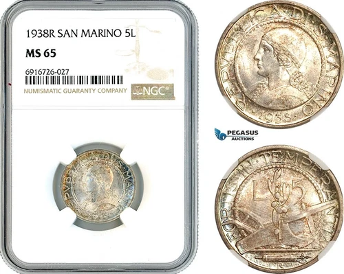 AK726, San Marino, 5 Lire 1938 R, Rome Mint, Silver, NGC MS65