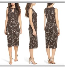 Pisarro Nights Beaded Tea Length Sheath Dress Petite Sz 12P Brown