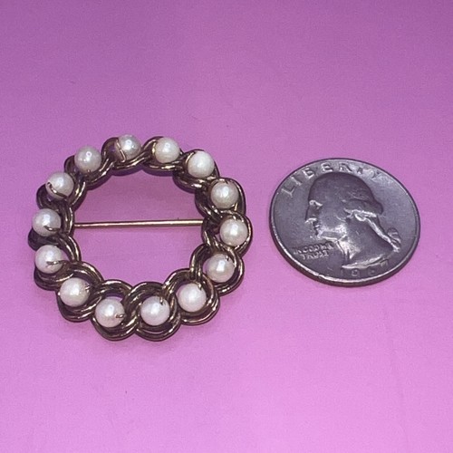 Antique Vintage HC 12k GF Cultured Pearl Wreath Round Brooch - Picture 3 of 7