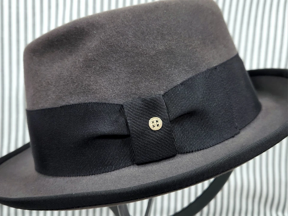 Vintage CHAMP Fedora Hat - Dark Gray Fur Finish, Vtg. Brass & Enamel Hatpin ~ 7⅜ - Image 3 of 4