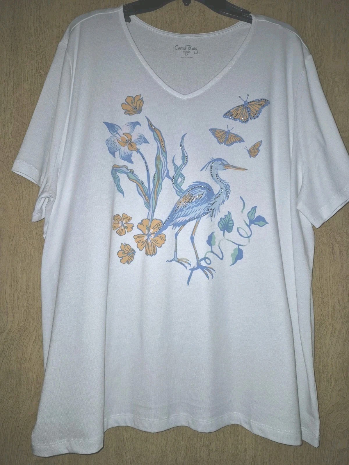 CORAL BAY Knit Tee - 2X - V-Neck, Short Sleeves, Beaded Design, Straight Hem
