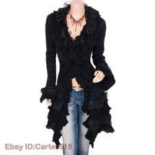Women Knit Sweater Ruffle Lace Trim Long Jacket Jumper Cardigan Coat Punk Gothic