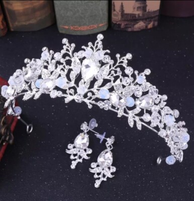 Silver Tiara Light Blue gems Crown Princess Queen prom gift birthday bridal