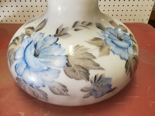 Antique Large White Glass Scalloped Parlor Lamp Shade Blue Flowers Gray Leaves - Picture 2 of 10