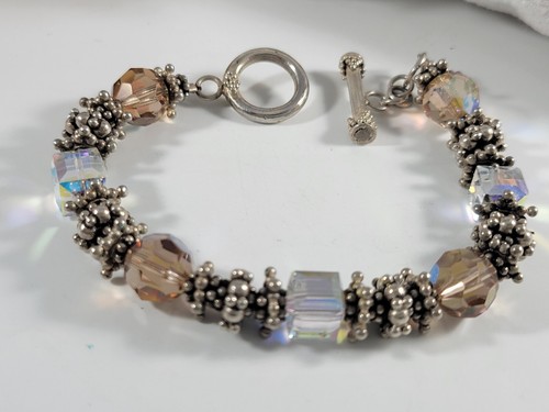 GORGEOUS Bracelet Sterling Silver Clear Beige Beaded Crystals 32 Grams Gr BOLD - Picture 2 of 17