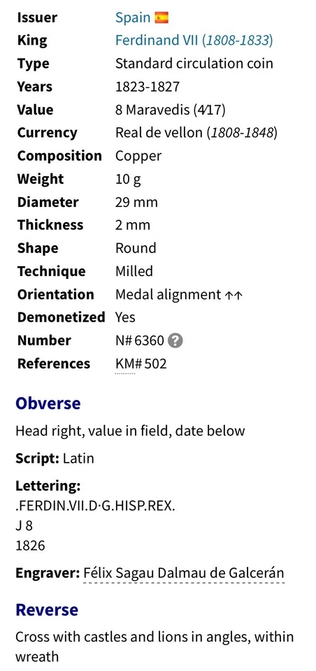 Large 1820 Spanish 8 Maravedis King Ferdinand VII Large Head Nice Details - Image 3 of 4