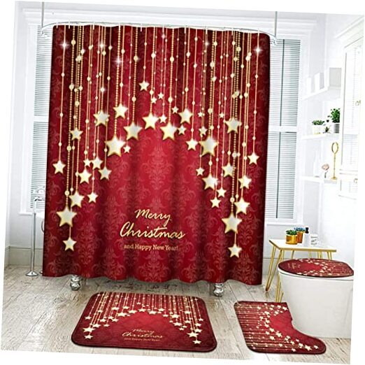 4 Piece Shower Curtain Sets, Christmas Stars Red Ornaments File with Gold Star