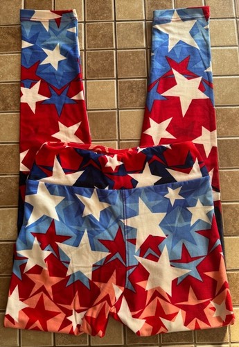 Tween LuLaRoe Leggings OS Red Blue White Star Print - Picture 2 of 5
