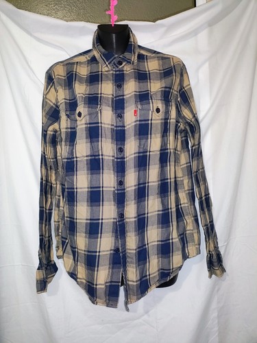 Camisa Levis Para Hombre Mediana Manga Larga Azul Tostado A Cuadros Abotonados Bolsillos Dobles