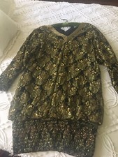 80s Vintage Laurence KazanGold&Black Evening Dress Mesh, Beaded,SequinSize SMALL