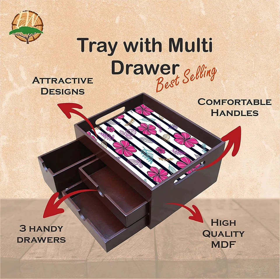 Holz Tablett Mit Multi Schublade Küche Verwendung Wohndeko Pink Abstrakt Blumen - Bild 4 von 4