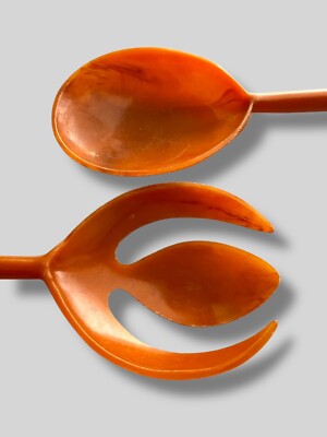 Vintage MCM Orange Salad Servers Sculptural Atomic Mod Serving Utensils Pair