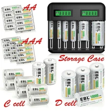 EBL AA AAA C D Size Cell Rechargeable Batteries / AA AAA C D Battery Charger Lot