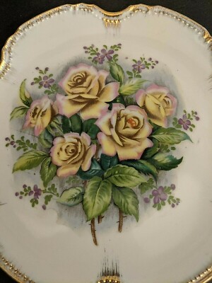 Vintage Decorative Plate Floral Roses, Scalloped Gold Rim