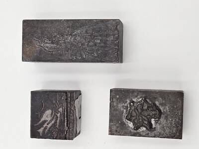 3 Solid Metal Printing Blocks , Cupids Arrow, Dove, Victorian Woman