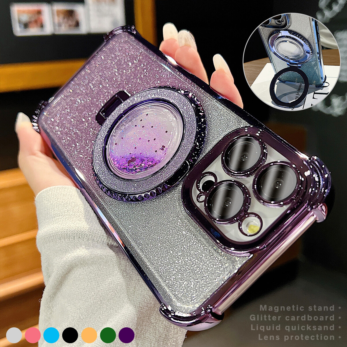 iPhone 15 Pro Max 14 13 12 11 Gradient Glitter Kickstand Lens Protector Case