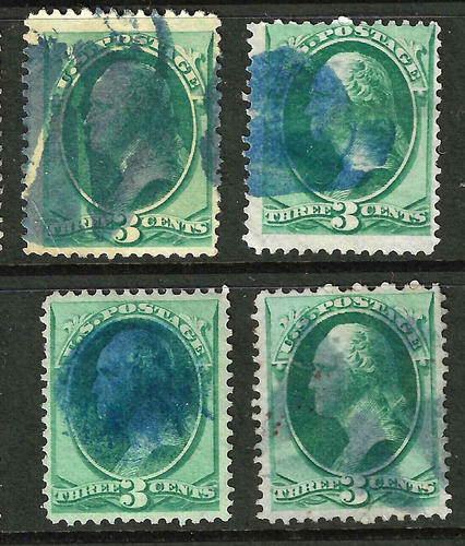 Collection 6 Nice BLUE Fancy Cancel 3 Cent Washington Banknote 1871-83 US 67F61 - Picture 3 of 3