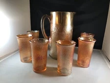 Vintage Jeanette Glass Carnival Glass Marigold Tree Bark Pitcher & 6 Glasses