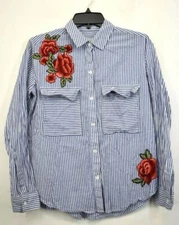 Rails Womens Blue Pinstripe Seersucker Embroidery Button-Up Long Sleeve Shirt XS