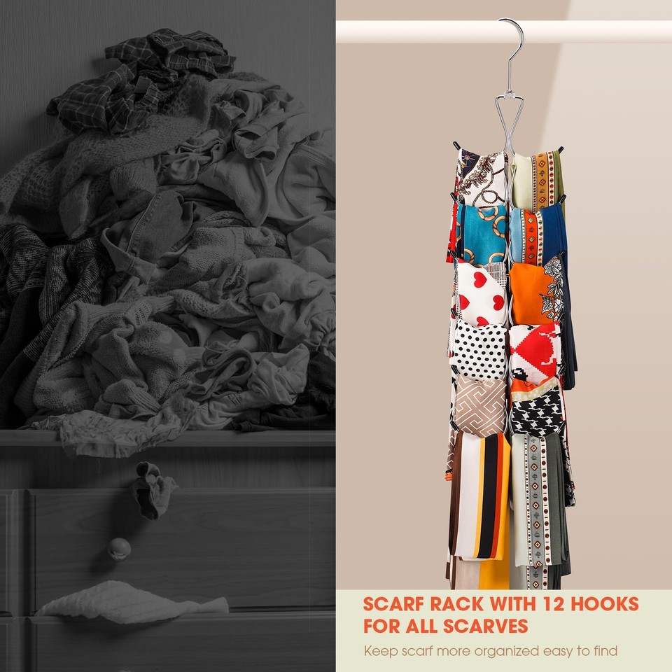 Stole Withe Scarf Hanger 2 Pack 24 Storages,Purse Hanger with 360 Swivel Hook,Scarf ...